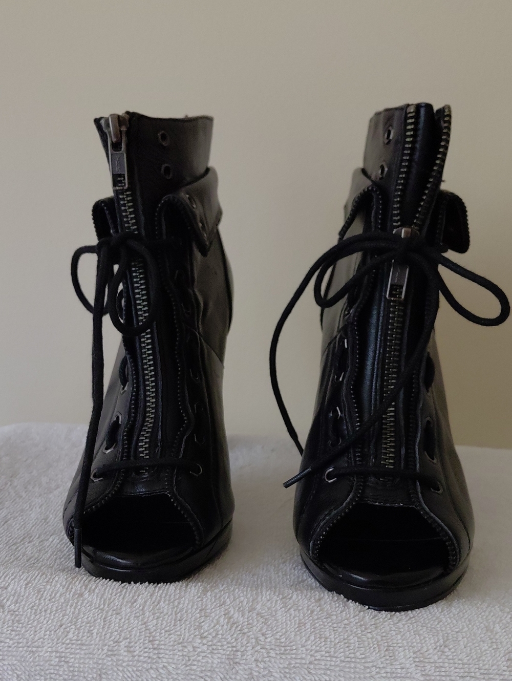 Women's Black Lace-Up Peep-Toe Booties